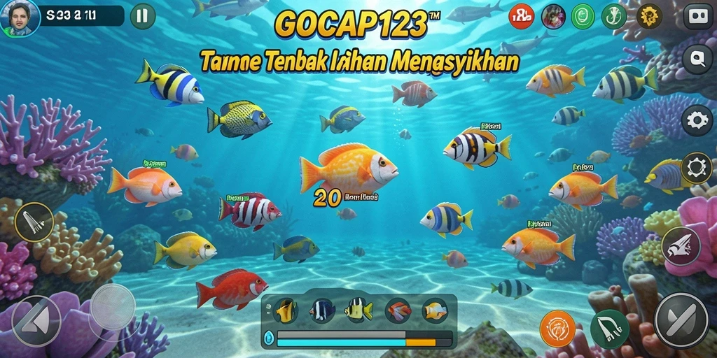 Tampilan gameplay GOCAP123 yang seru saat menangkap berbagai ikan.