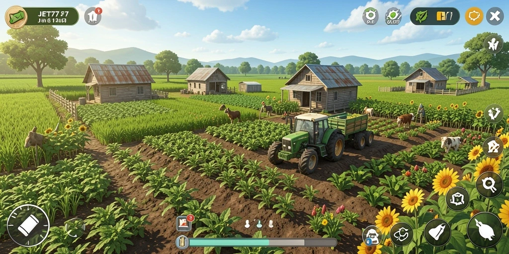 Screenshot utama JET77 menampilkan gameplay pertanian yang seru.