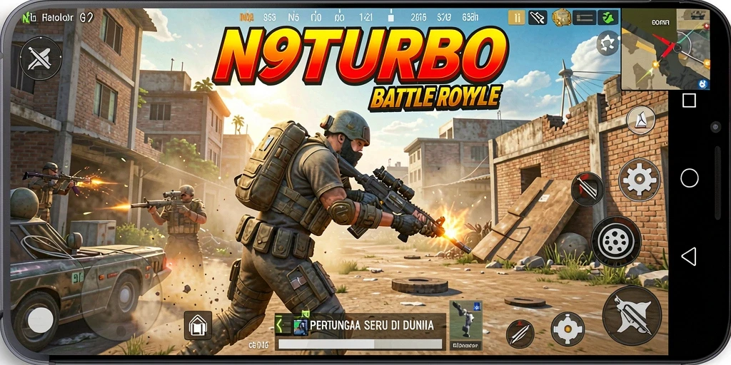 Screenshot N9TURBO menampilkan aksi Battle Royale yang mendebarkan.