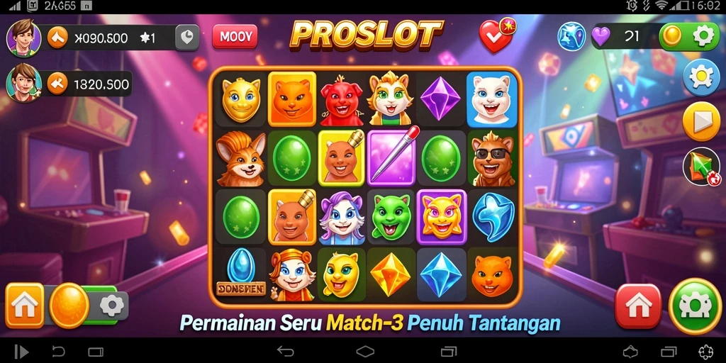 Tampilan gameplay seru dan penuh warna dari PROSLOT Match-3.