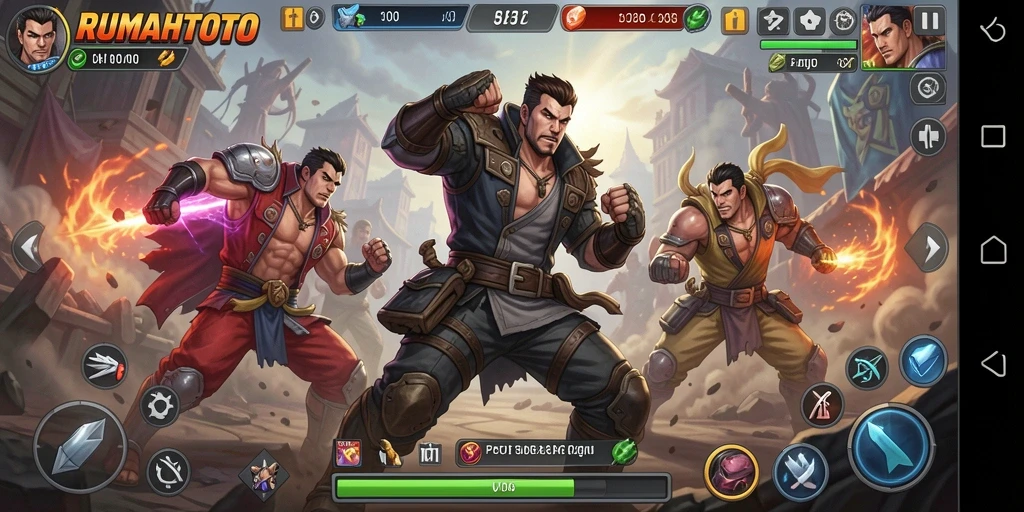 Tampilan gameplay RUMAHTOTO saat pertarungan berlangsung.