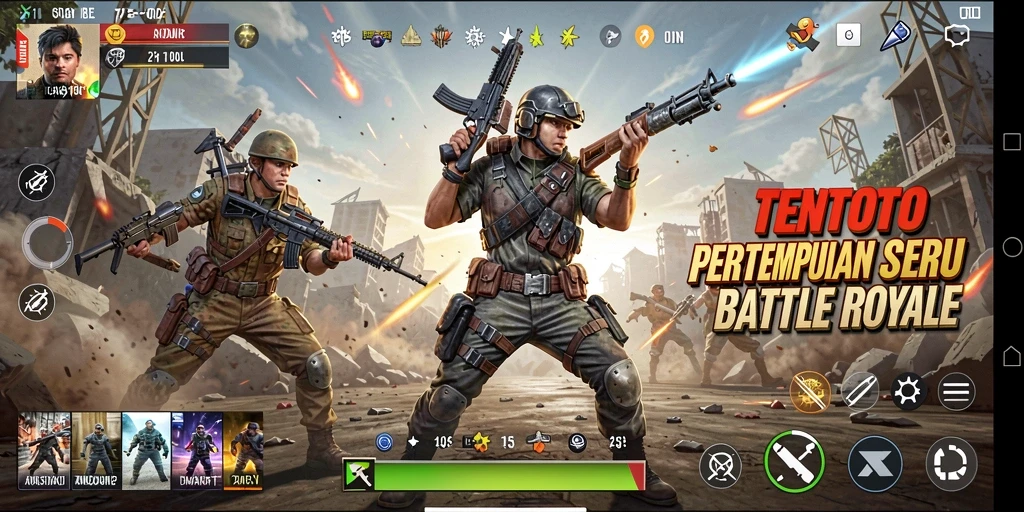 Screenshot utama TENTOTO menampilkan pertempuran intens di arena Battle Royale.