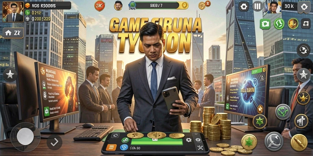 Tampilan gameplay ZK7 yang menarik dan penuh strategi bisnis.